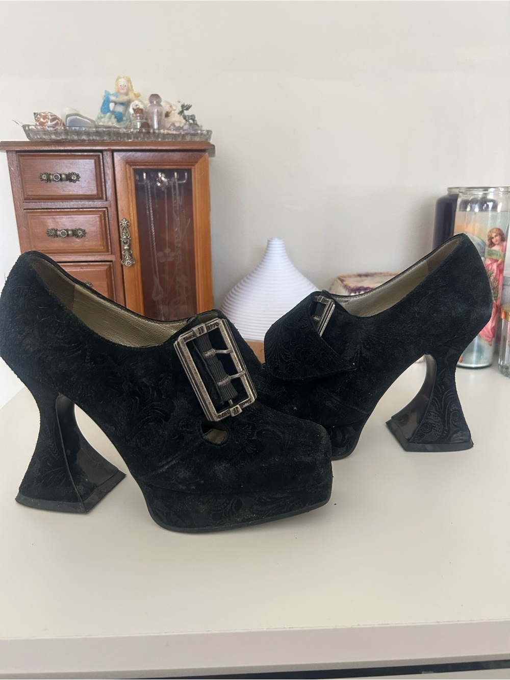 John Fluevog Black Embossed Suede Platform Mary Jane Heels with Buckle
